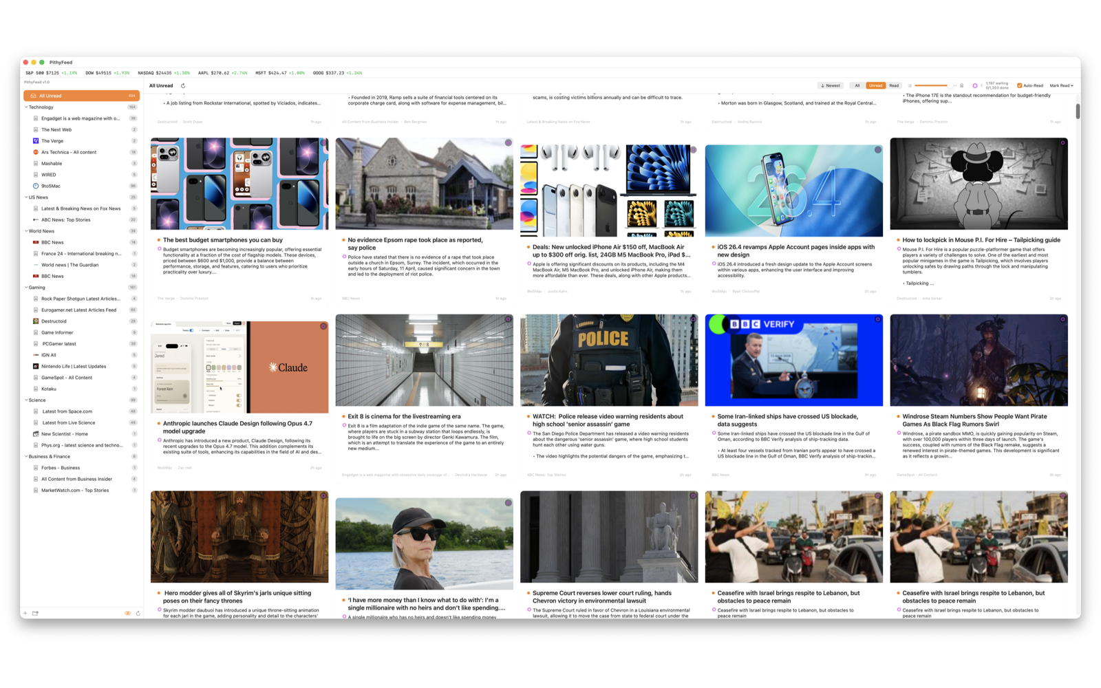 PithyFeed showing a grid of AI-summarized news articles